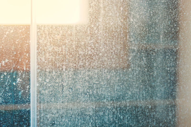 Shower glass with hard water stains.