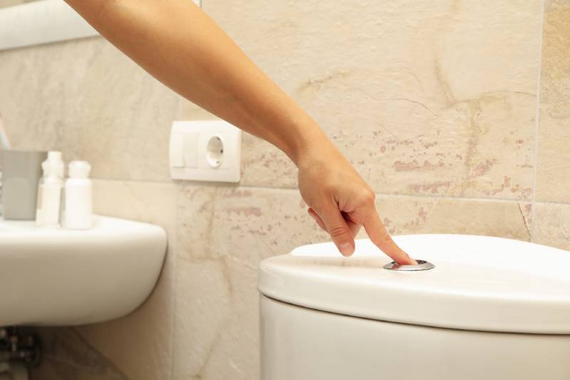 Person pushing button on a dual-flush toilet.