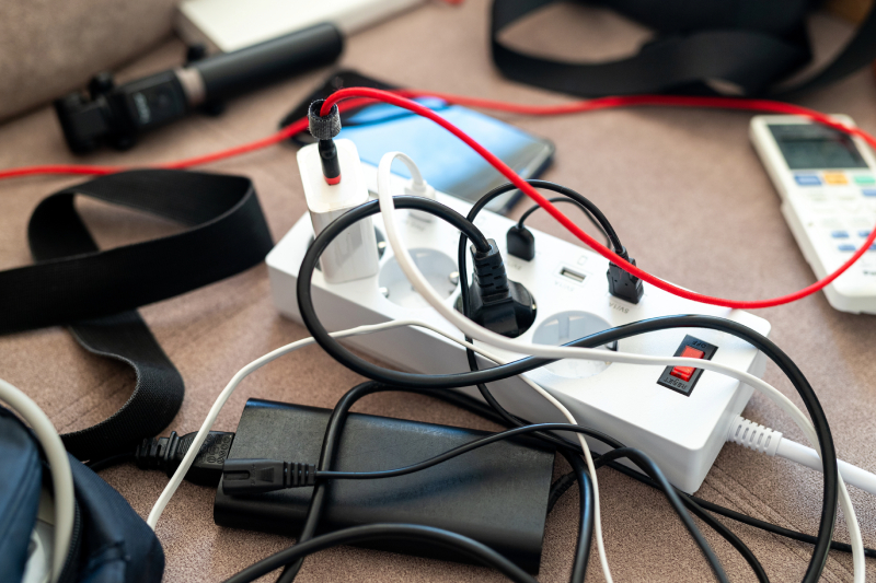 Power strip with multiple cables plugged in