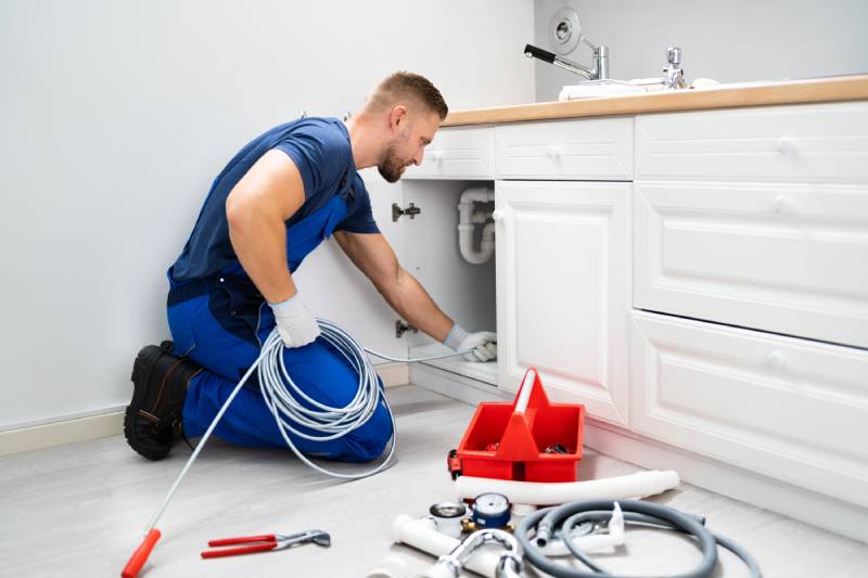 Plumber fixing sink pipes with tools.