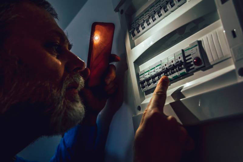 Man checking circuit breakers with phone light.