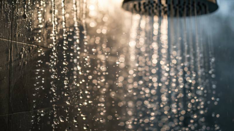 Showerhead with water droplets falling.