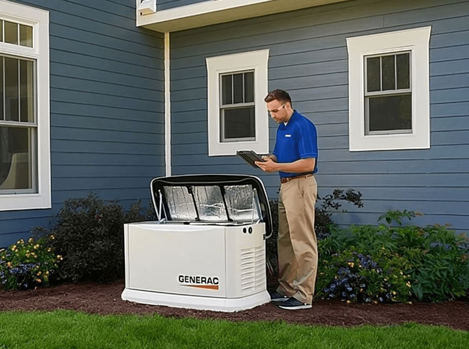 Man inspecting Generac home generator.