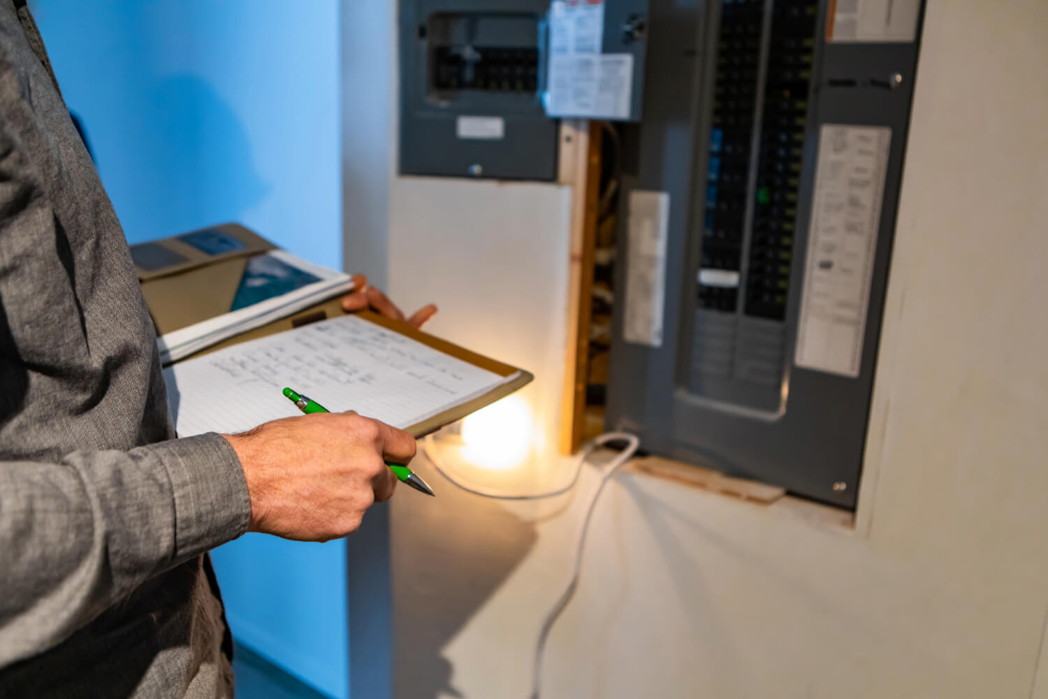 Person inspecting electrical panel with clipboard.