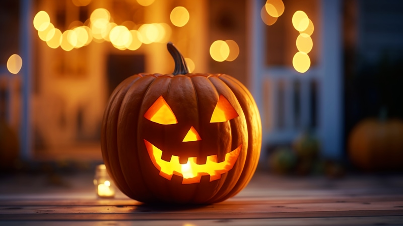 Jack-o'-lantern glowing on porch at dusk.