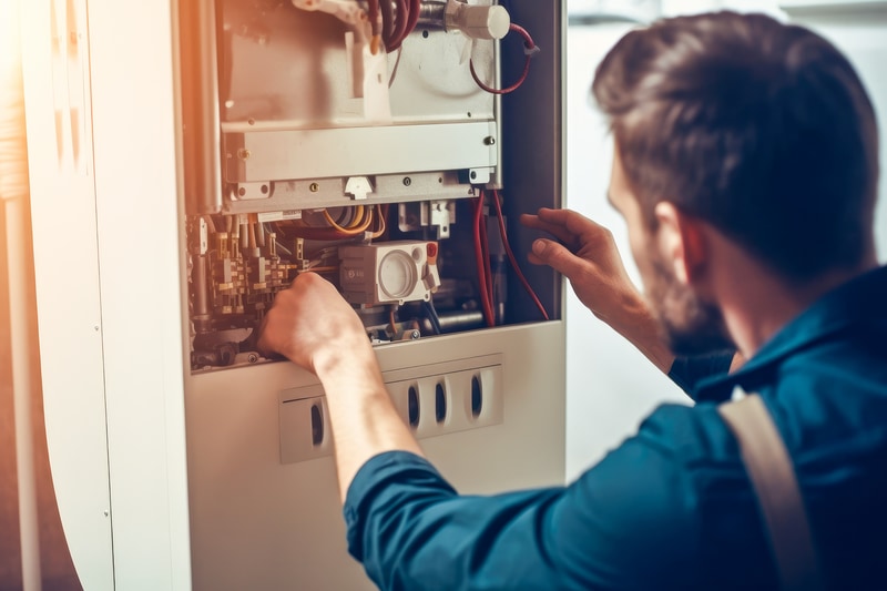 Technician inspecting furnace.
