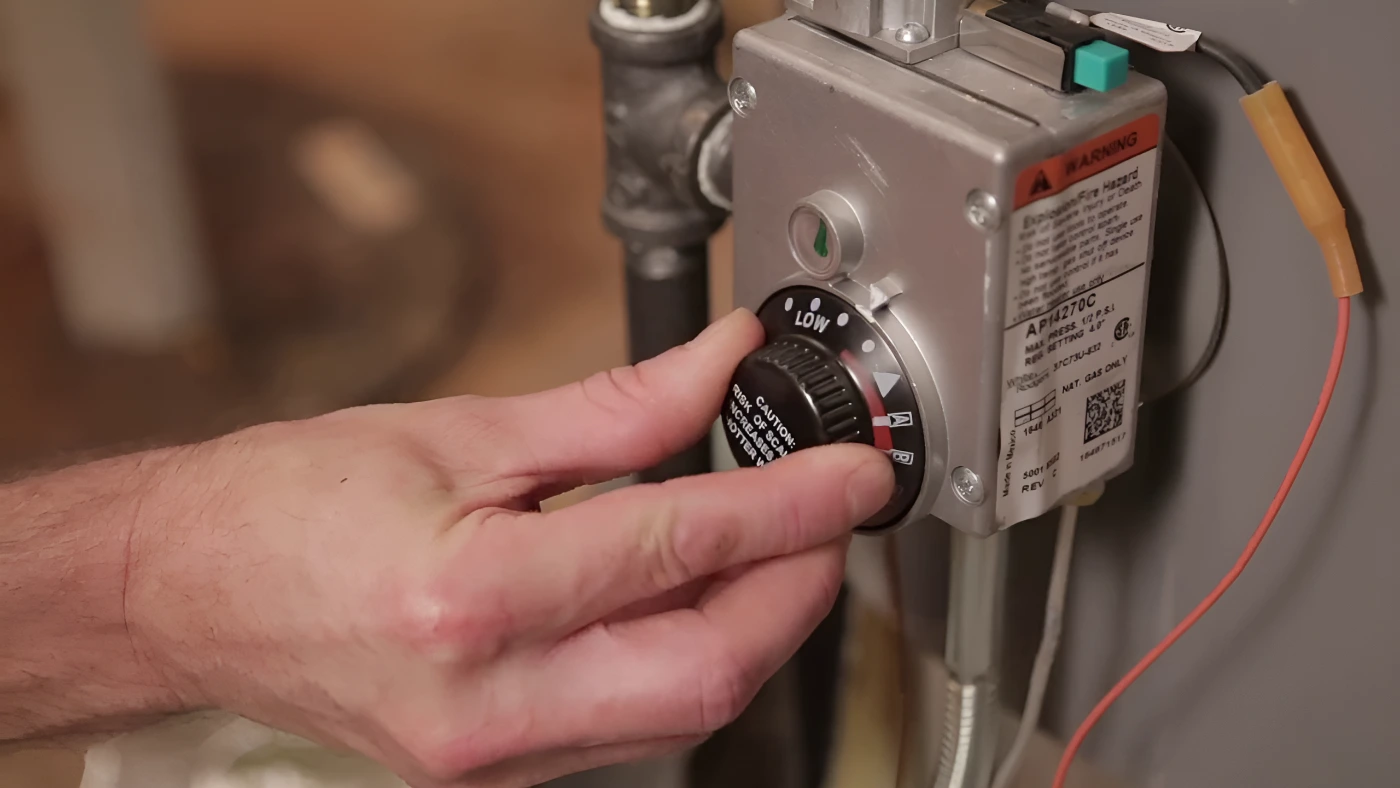 Hand adjusting water heater thermostat.