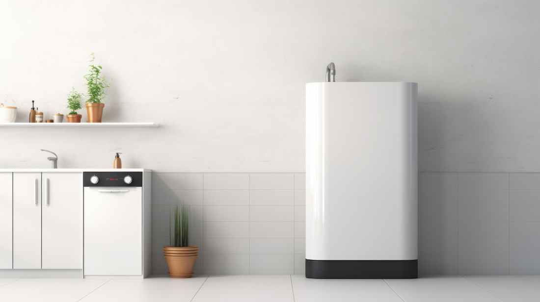 Modern tankless water heater in minimal kitchen.