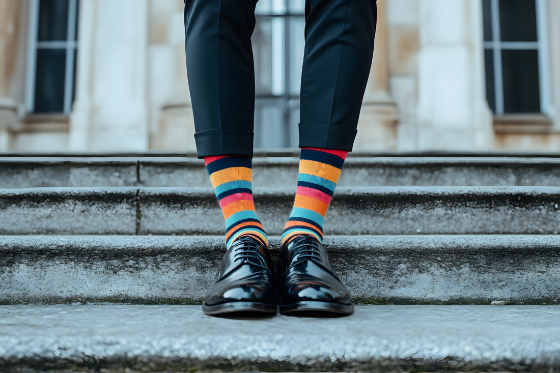 Man in colorful socks and dress shoes on stone steps