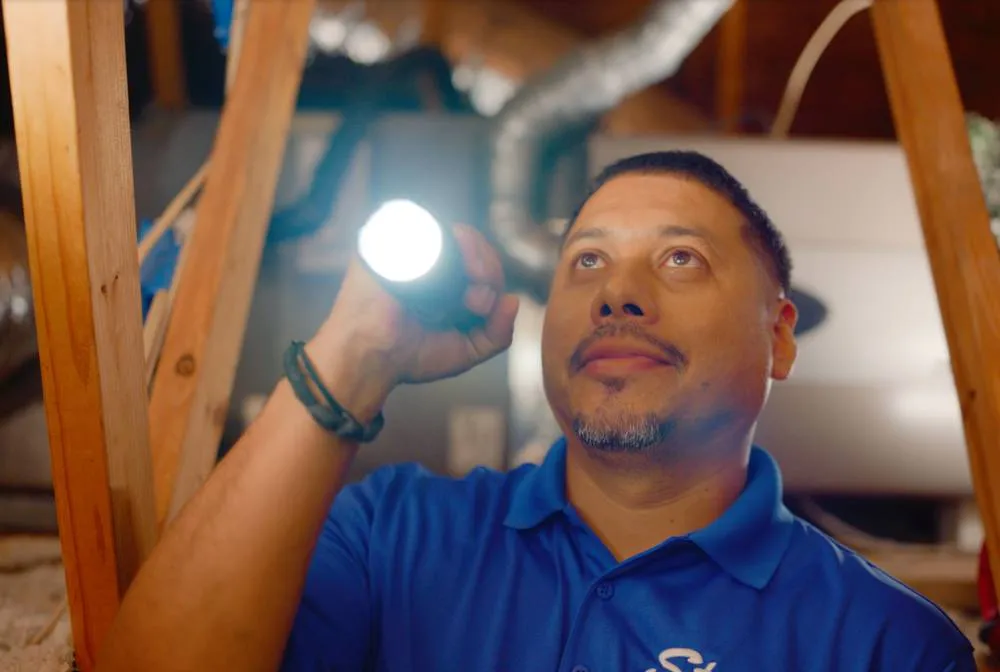 Technician inspecting ductwork with flashlight.
