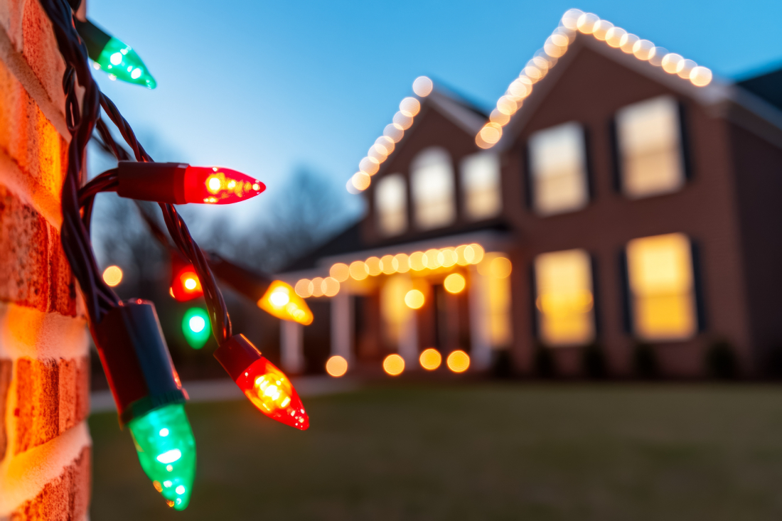 Colored holiday lights on a house.