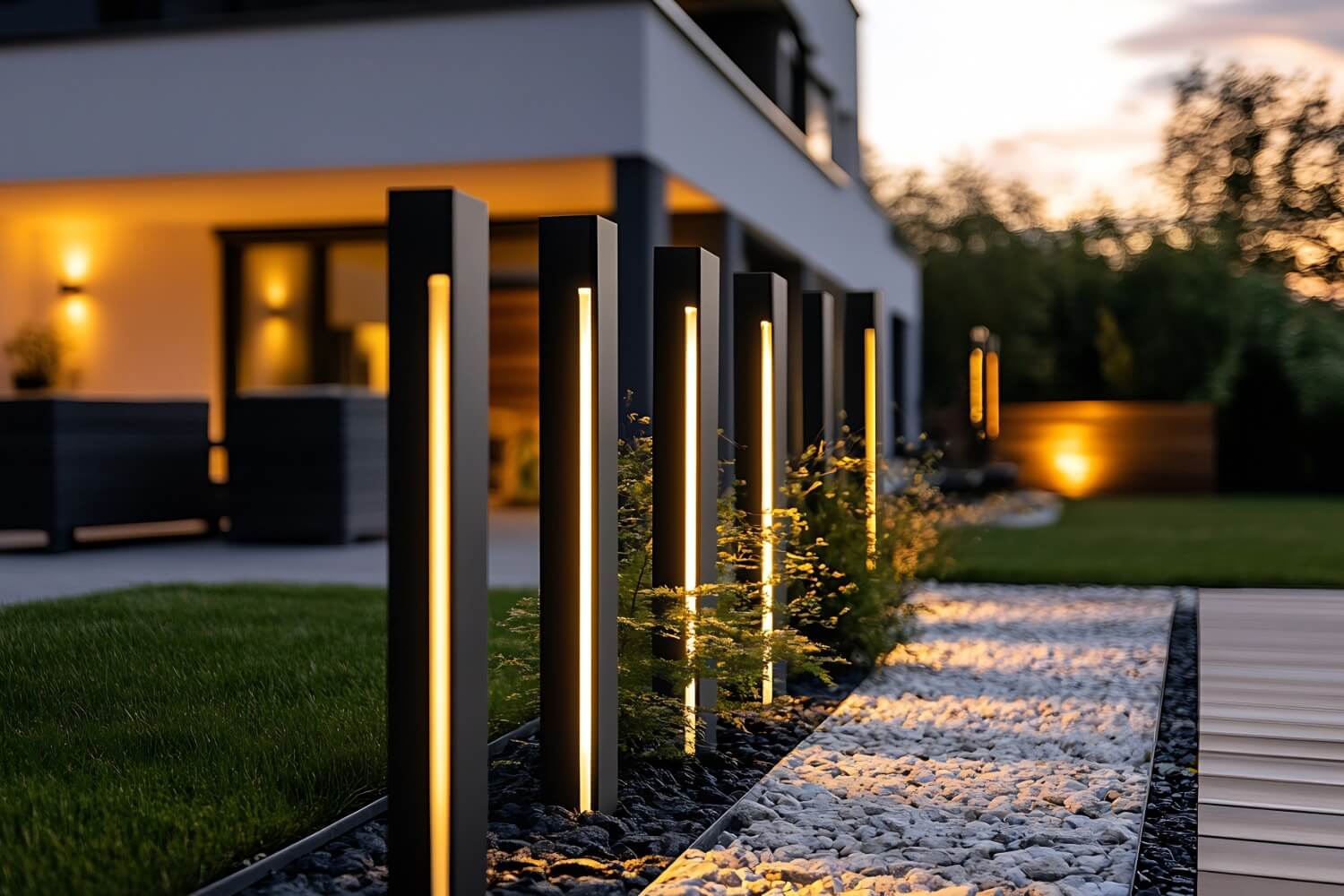 Modern outdoor lighting along a landscaped pathway at dusk, featuring sleek black posts with vertical LED strips emitting a warm glow; in the background, a contemporary house with illuminated patio and garden lighting enhances the ambiance.