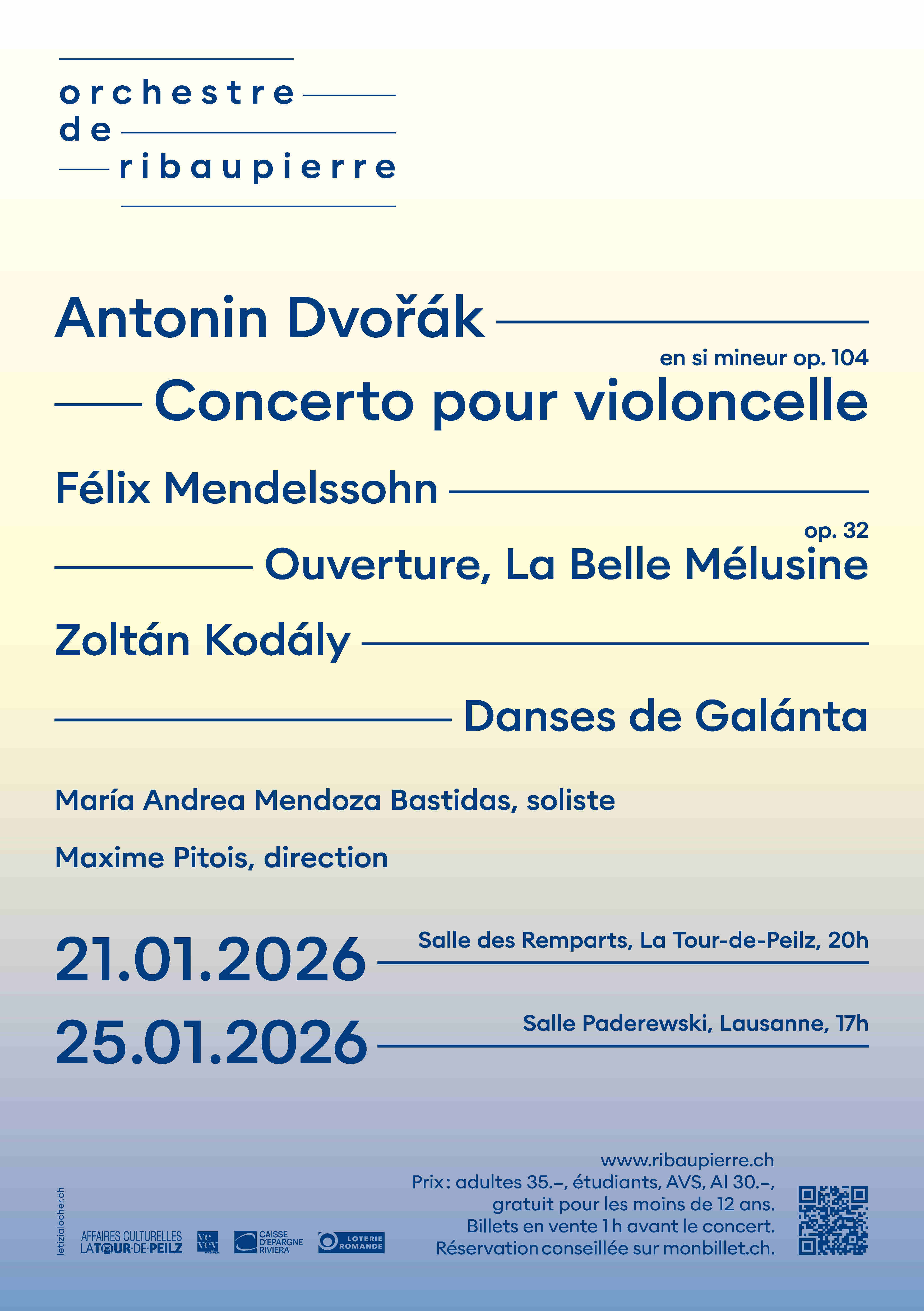 Affiche concerts janvier 2026 - concerto pour violoncelle Dvorak