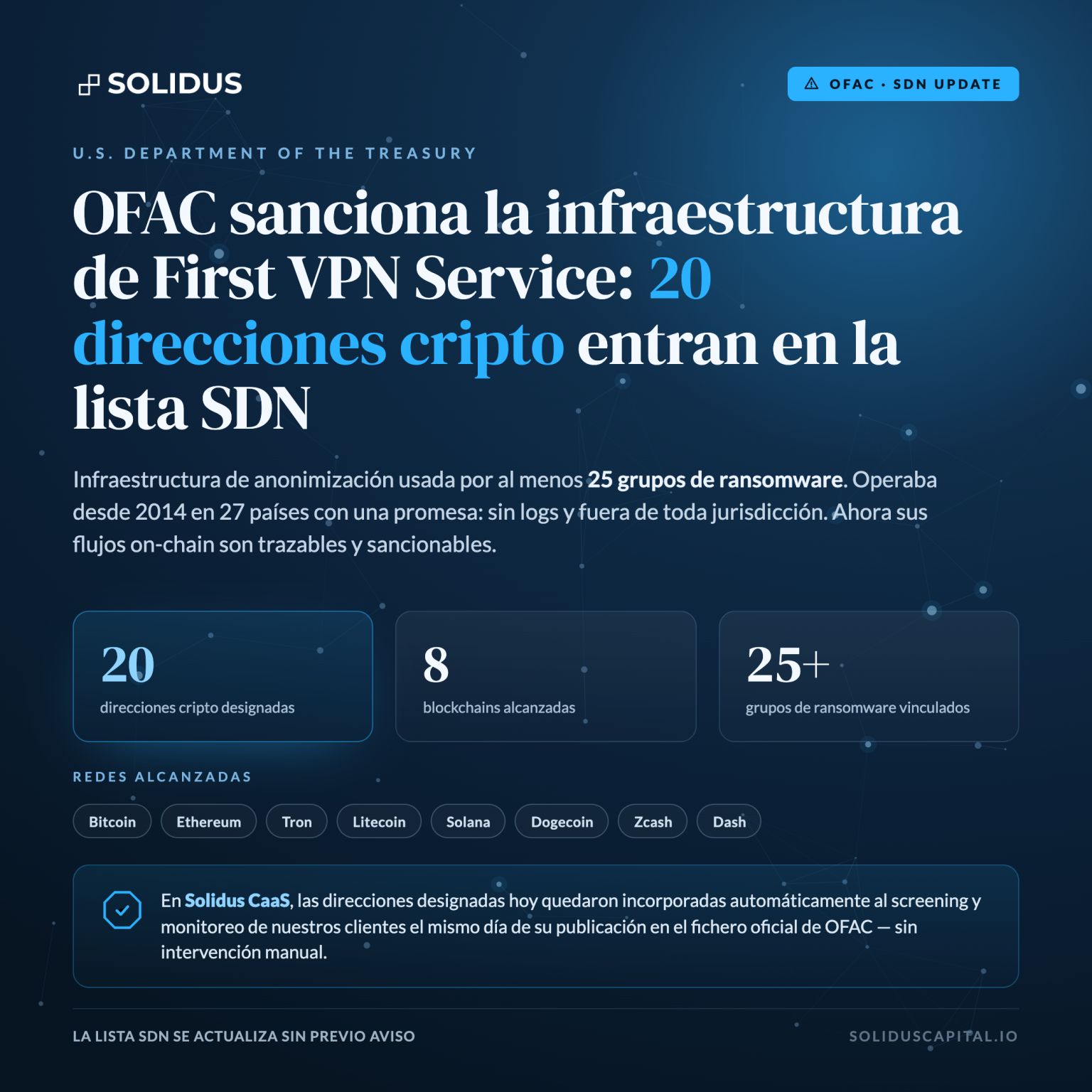 OFAC sanciona First VPN Service: 20 direcciones en 8 blockchains
