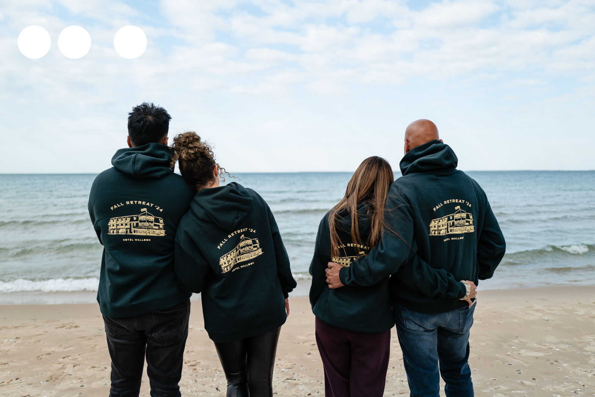 Out of Office Garage Fall Retreat — friends on the beach, Lake Michigan