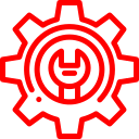 Red gear with a wrench inside representing settings or maintenance.
