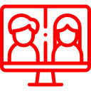 Red line icon of a video call showing two people on a split computer screen.