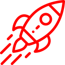 Red line icon of a rocket launching with curved exhaust trails.