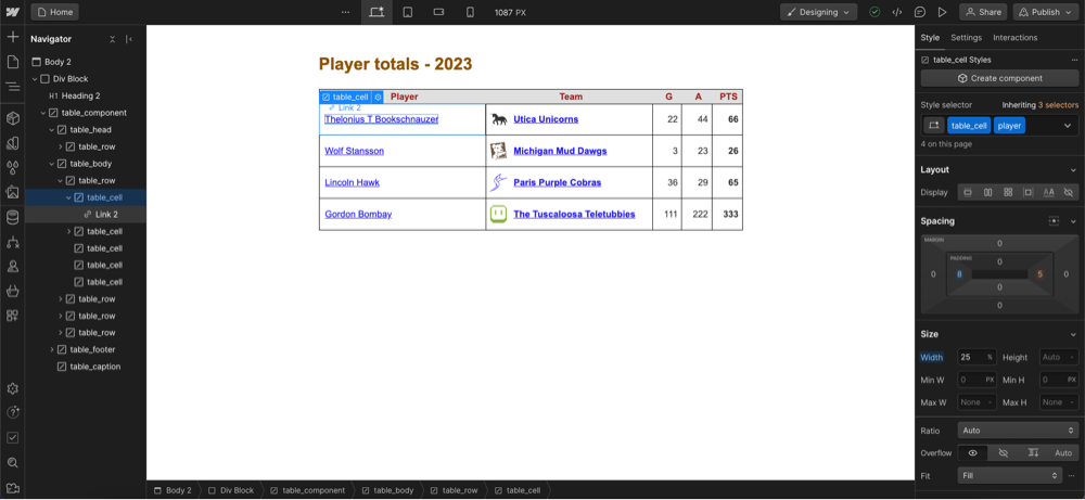 Finsweet Table Designer Extension Sports Stats