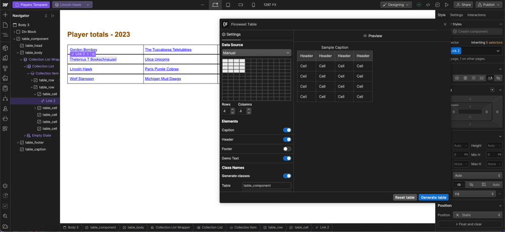 Finsweet Table Webflow CMS list element