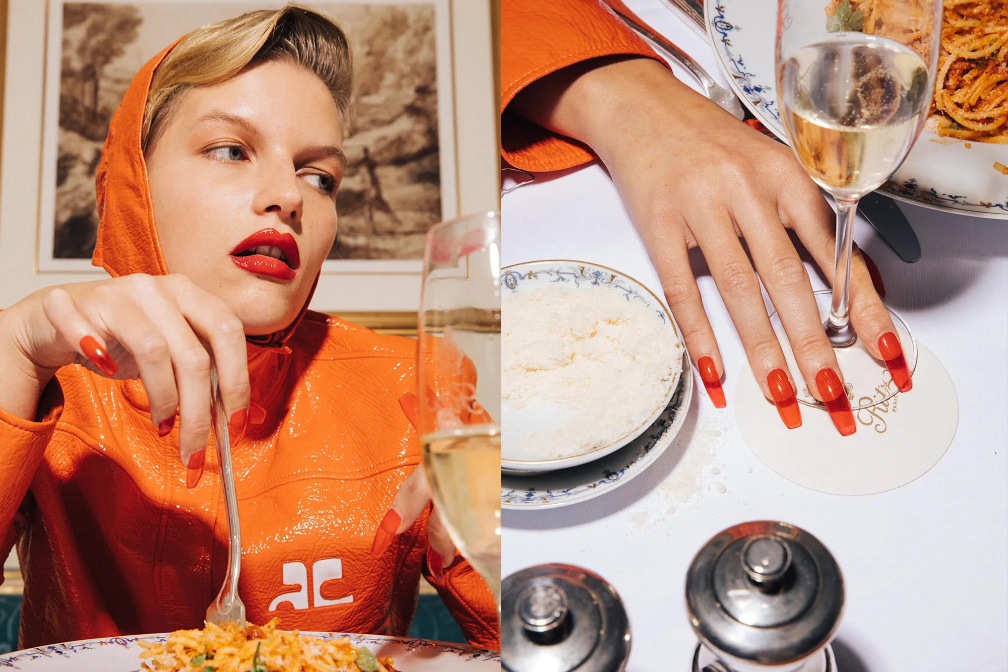 Portrait femme au lipstick rouge et simili orange au Ritz