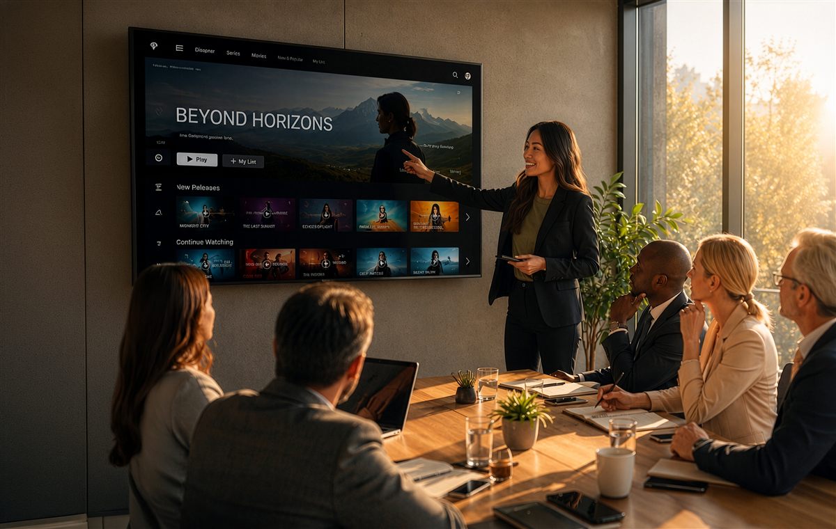 Woman presenting a streaming service interface on a large screen to colleagues in a meeting room