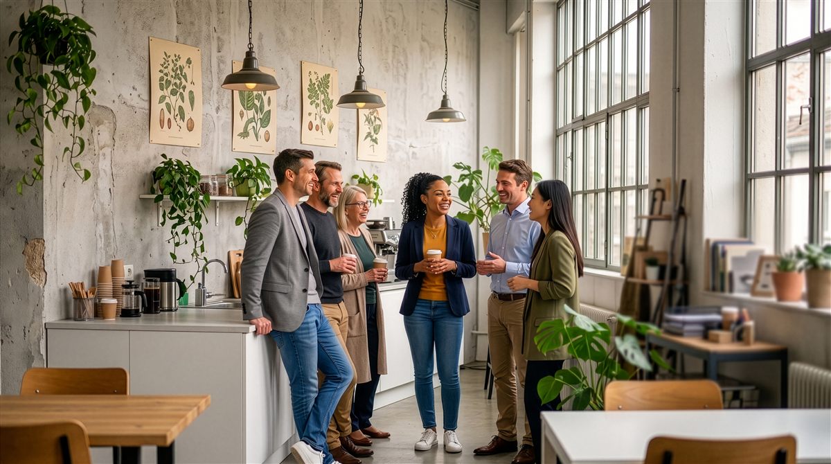 A group of colleagues talking together in a bright, plant-filled office