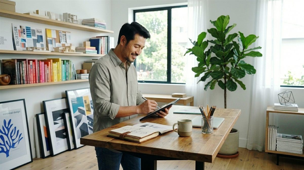 Smiling man reviewing work on a tablet at a standing desk