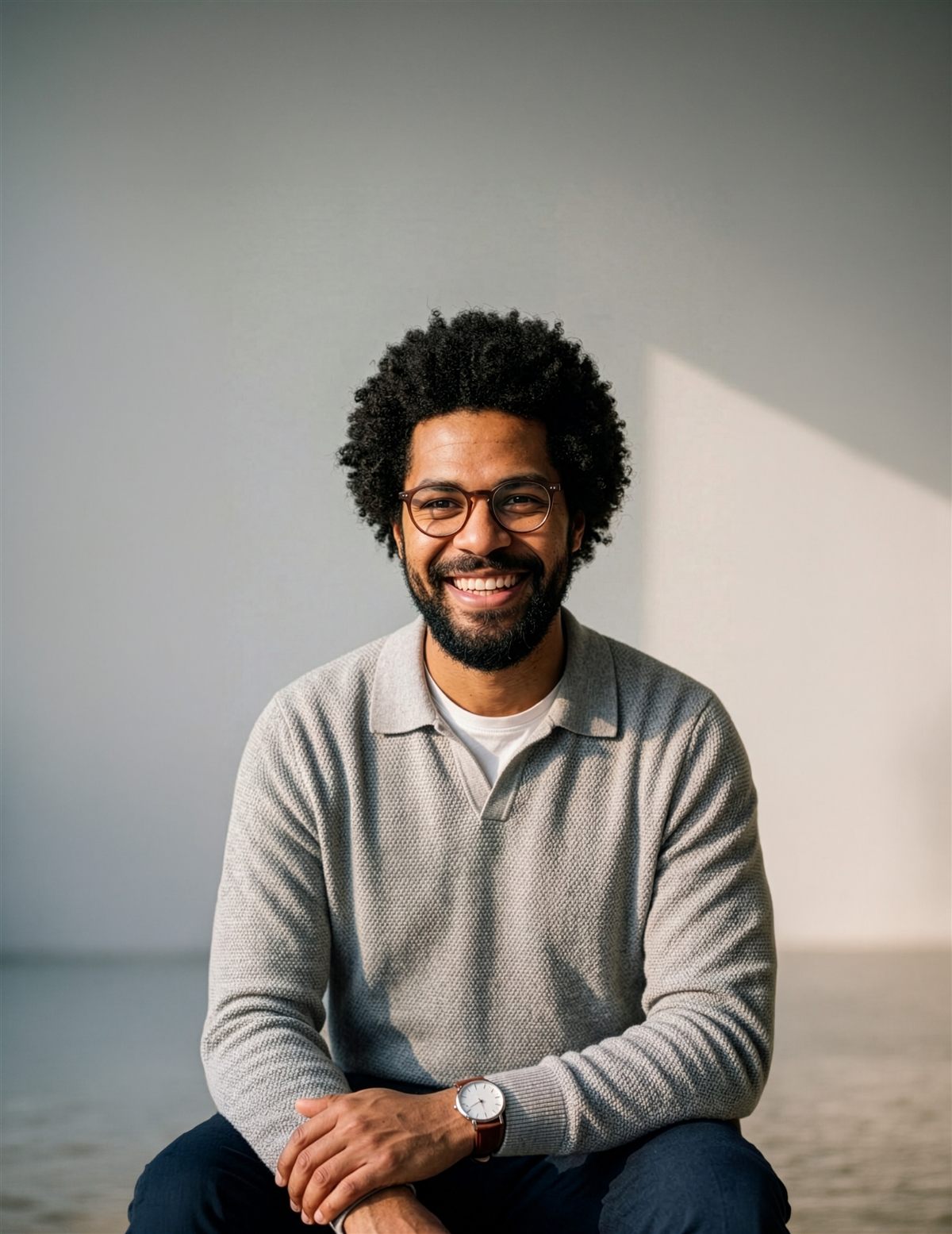 Smiling man with glasses in a grey sweater