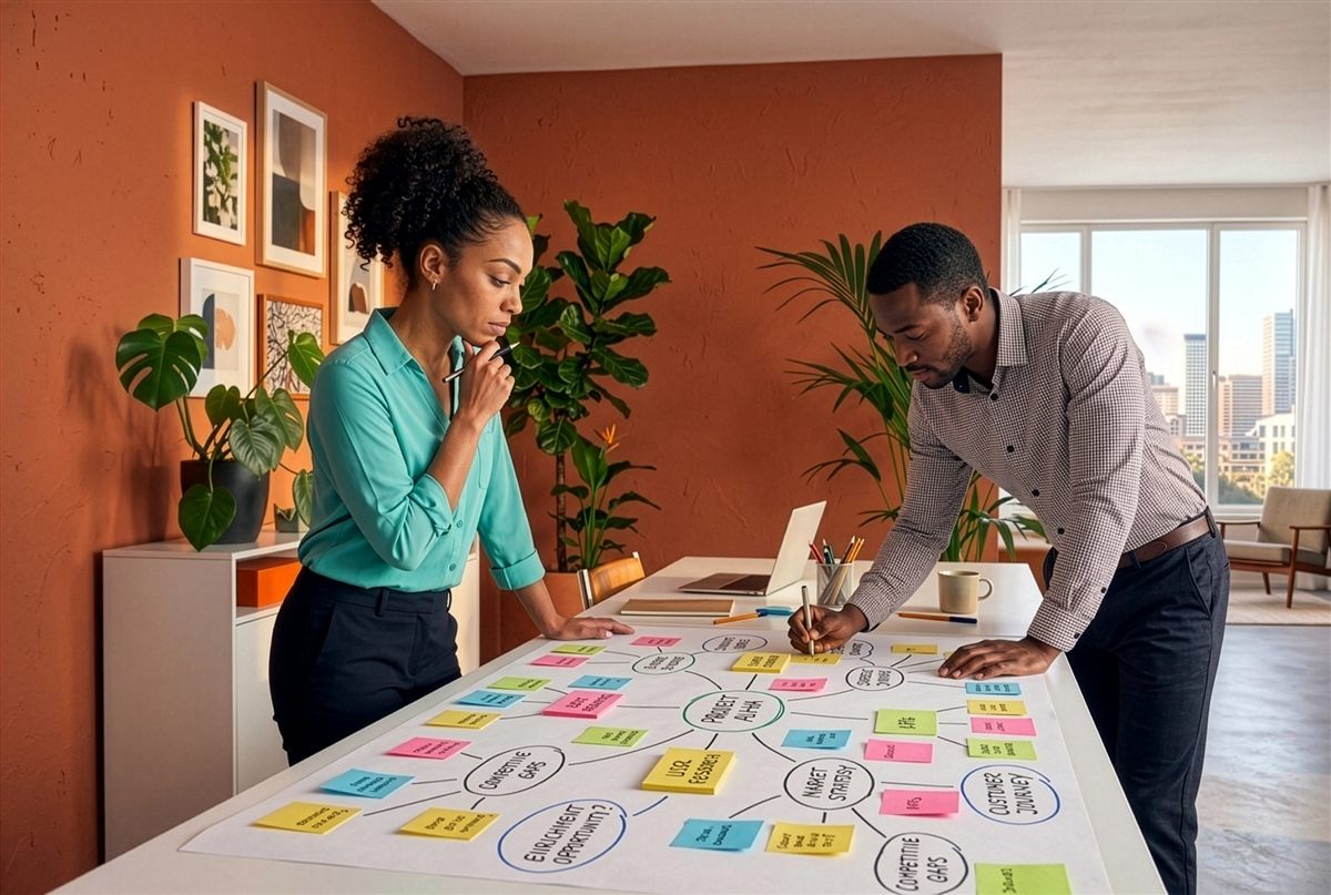 Two colleagues mapping ideas with sticky notes on a large sheet of paper