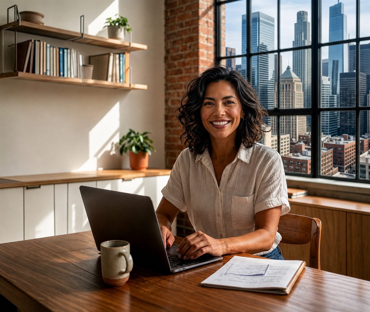Smiling woman working on a laptop at a desk by a city-view window