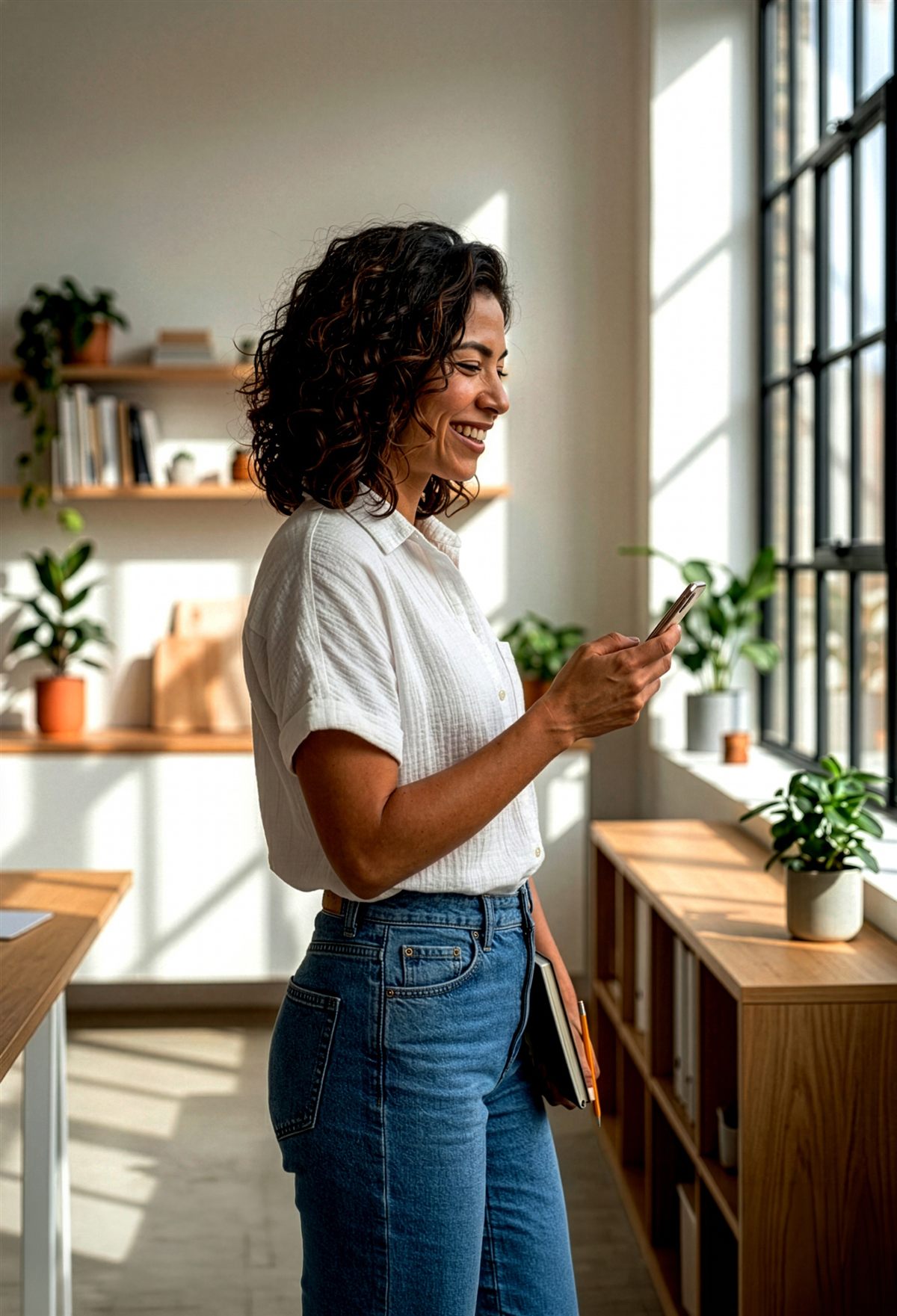 Smiling woman checking her phone in a sunlit office