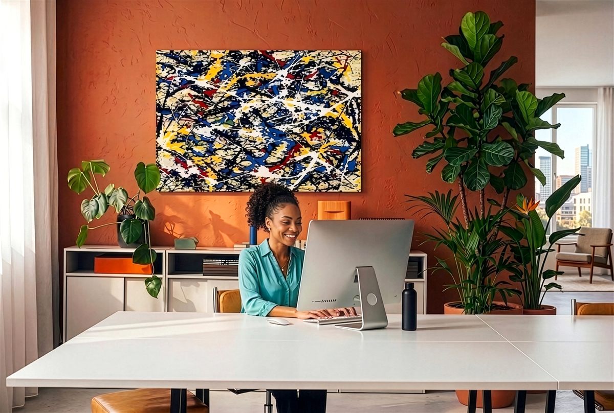 Smiling woman working at a desktop computer in a bright office