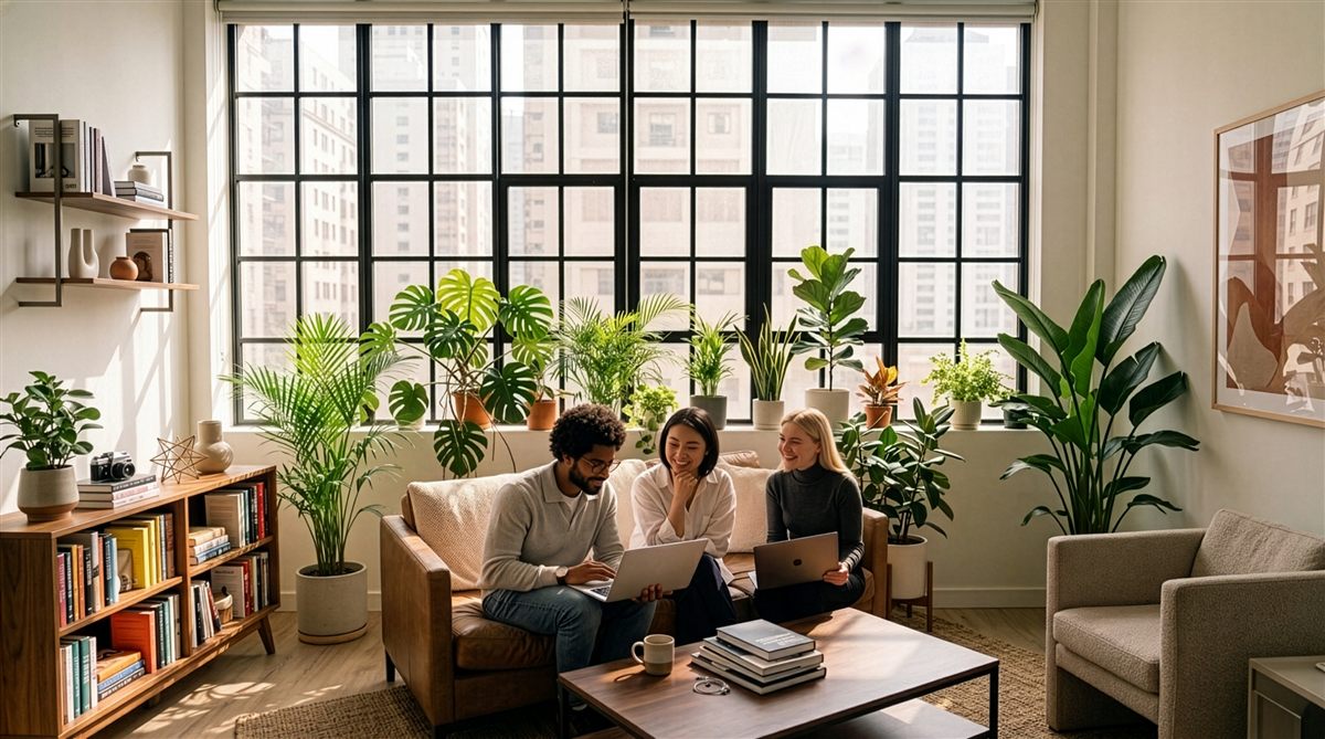 Colleagues working together on a sofa in a bright, plant-filled studio