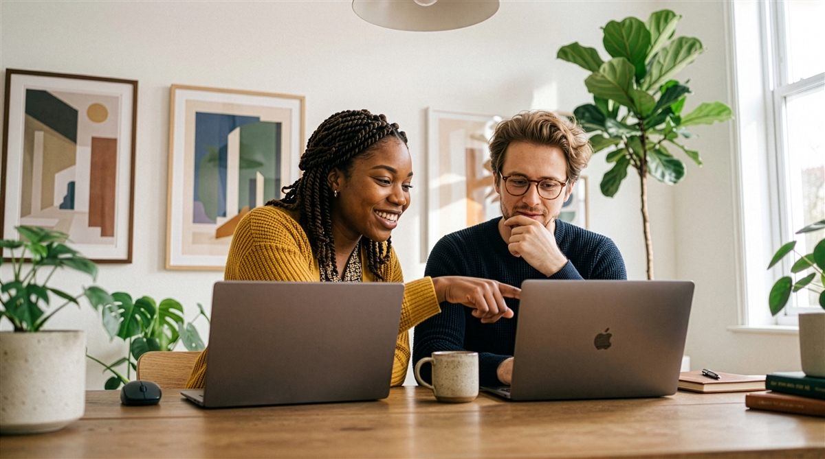 Two colleagues smiling as they work together on laptops
