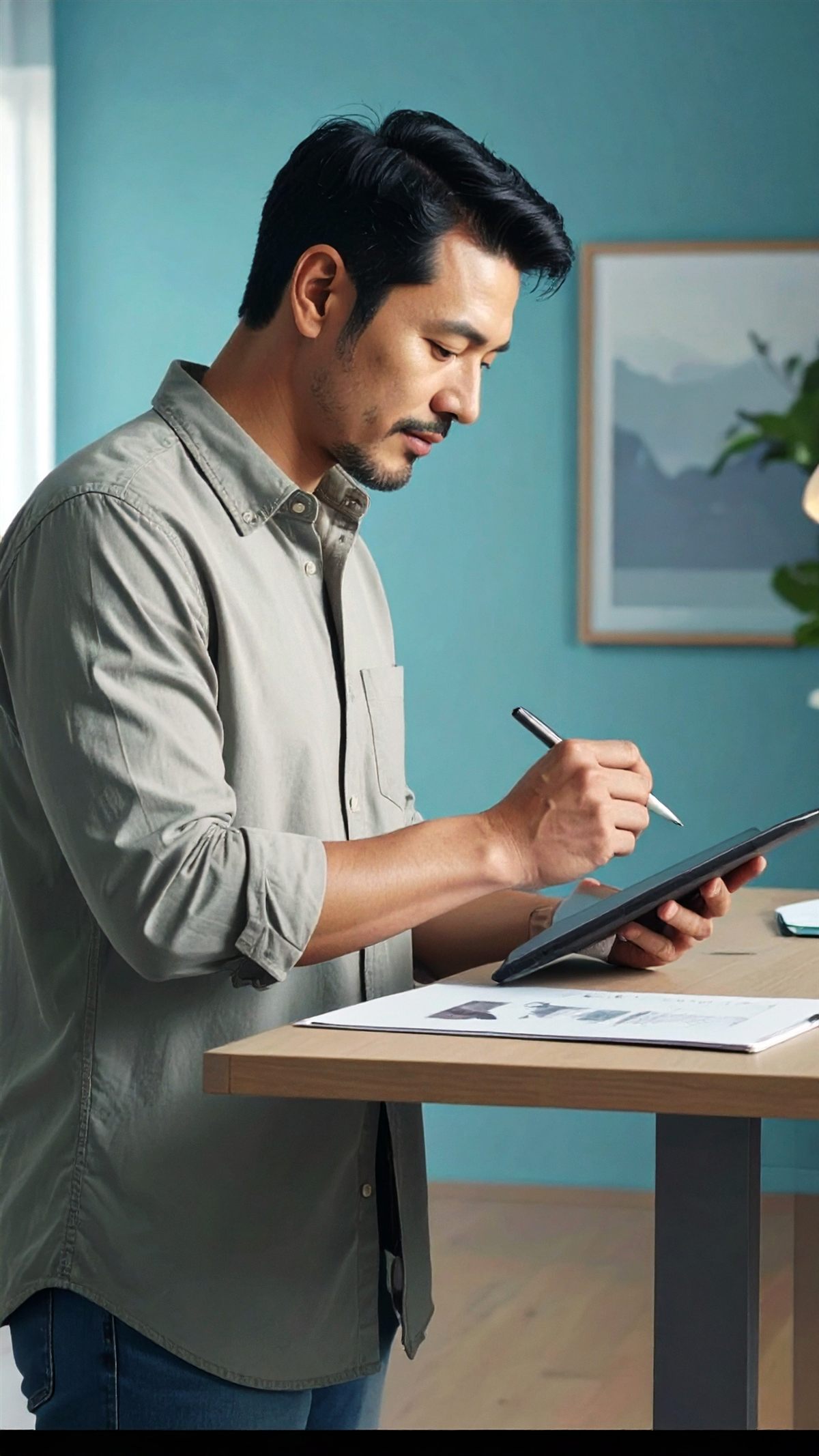 Man standing at a desk taking notes on a tablet with a stylus