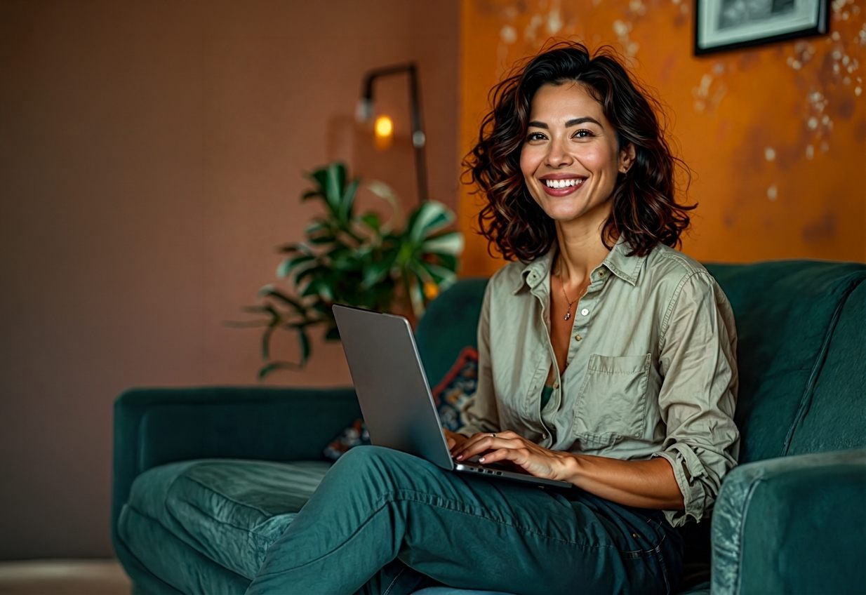 Smiling woman working on a laptop at home