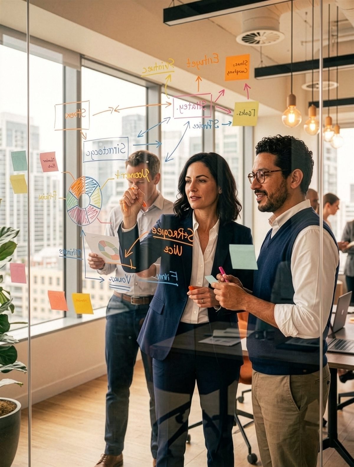 Three colleagues mapping out ideas on a glass wall