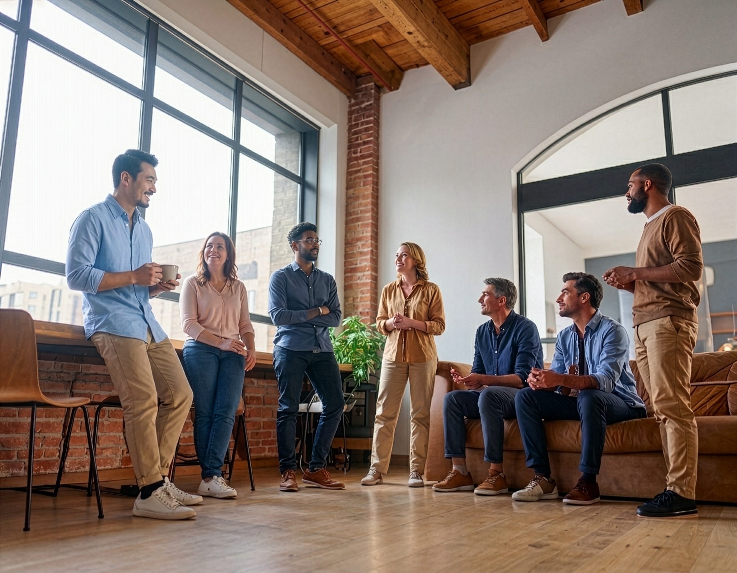 A group of colleagues talking together in a bright loft office