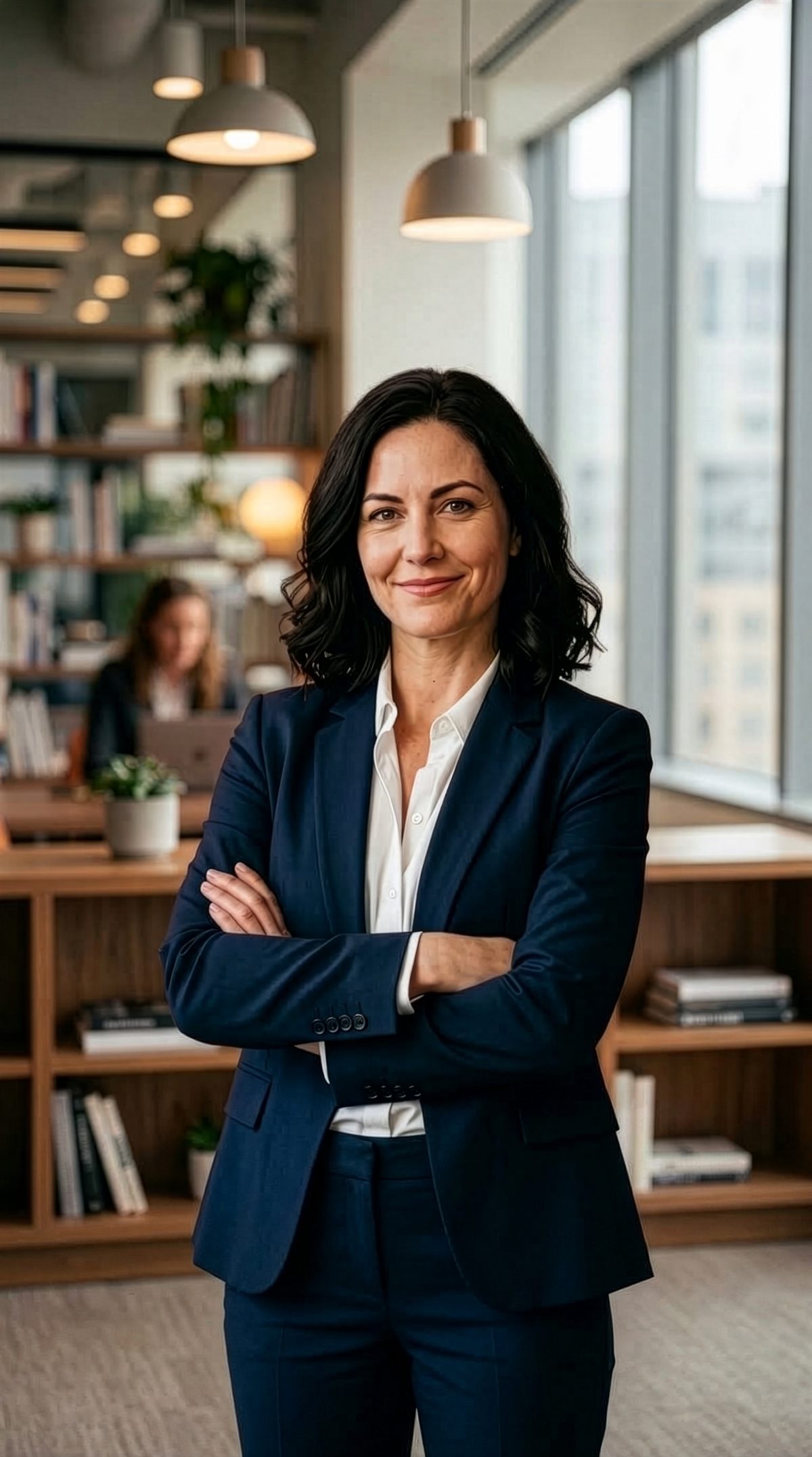 Smiling businesswoman with her arms crossed in a modern office