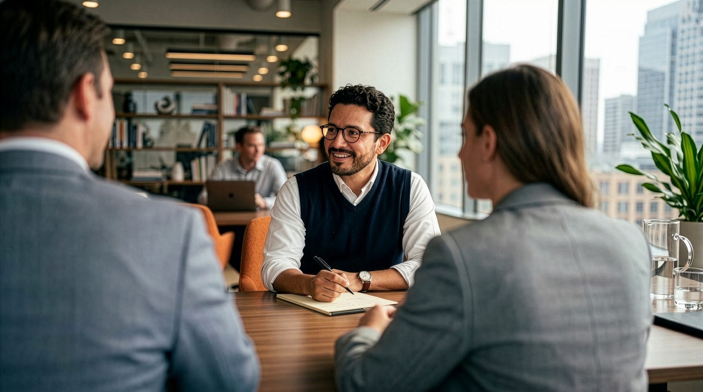 A smiling man in a meeting with two colleagues at an office table