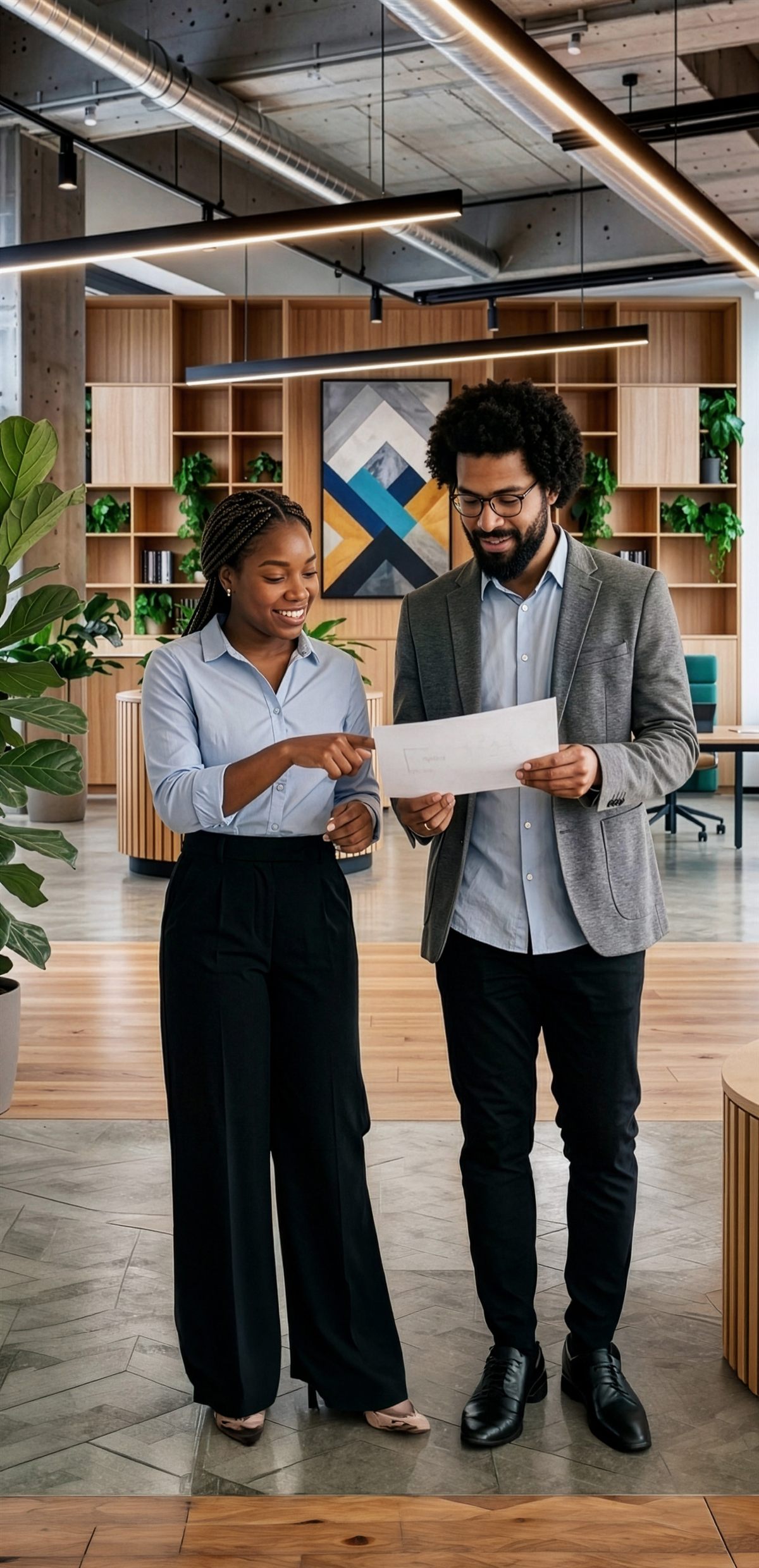 Two colleagues reviewing a printed document together in a modern office