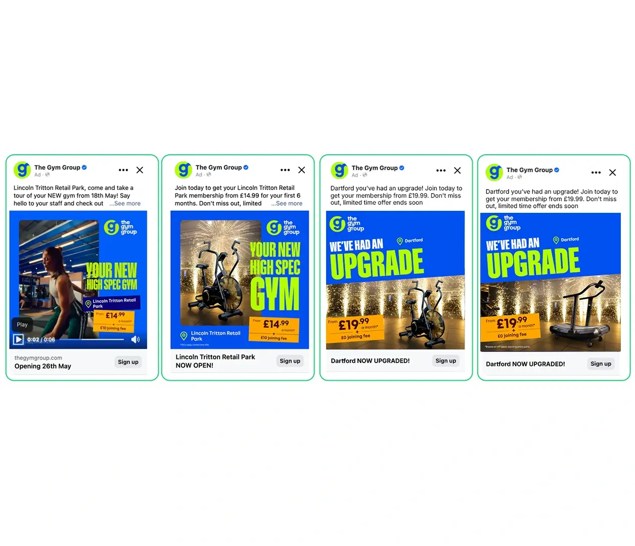 The Gym Group Meta ads across four launch stages: tour invite, membership offer and Dartford upgrade creatives