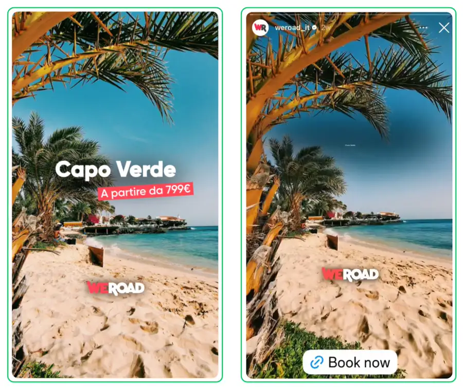 WeRoad Stories ad, static destination creative and its CPV video version