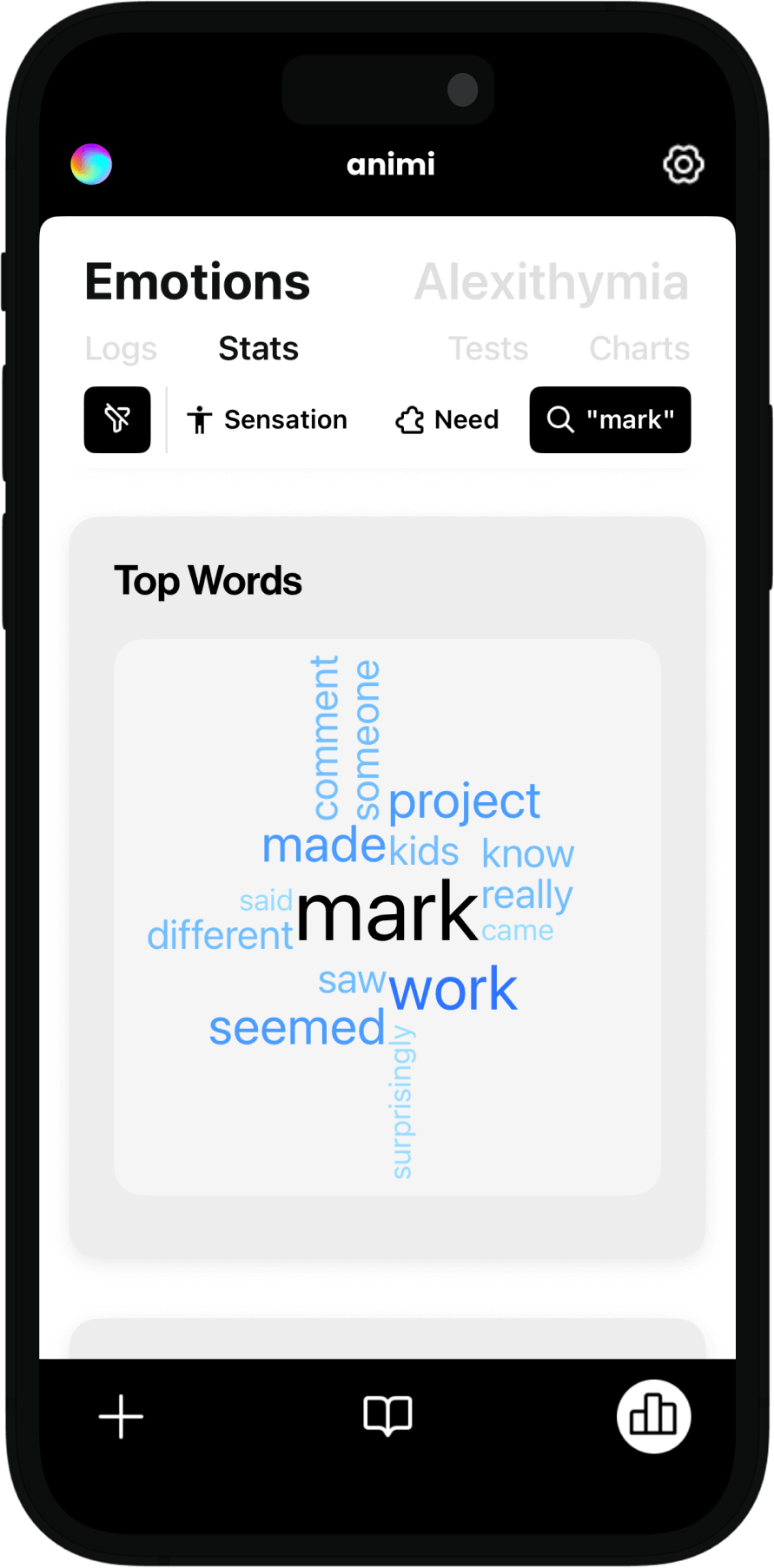 Example screen of the Animi application showing introspective journaling tool