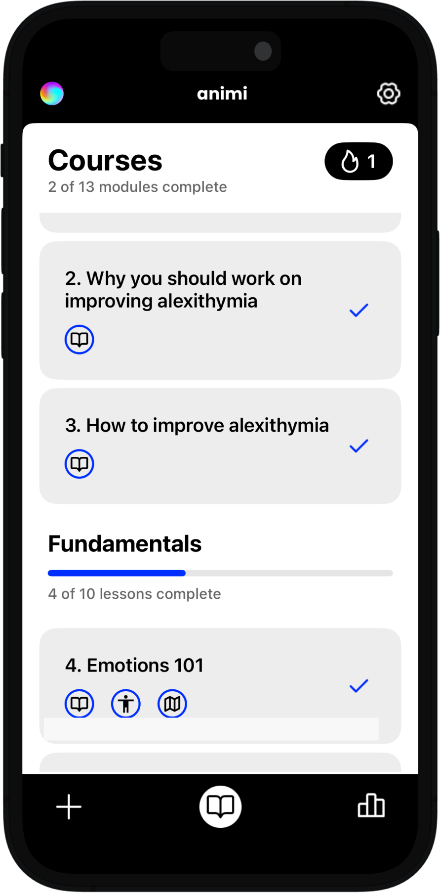 Example screen of the Animi application showing bodily sensations emotion identification tool for alexithymia