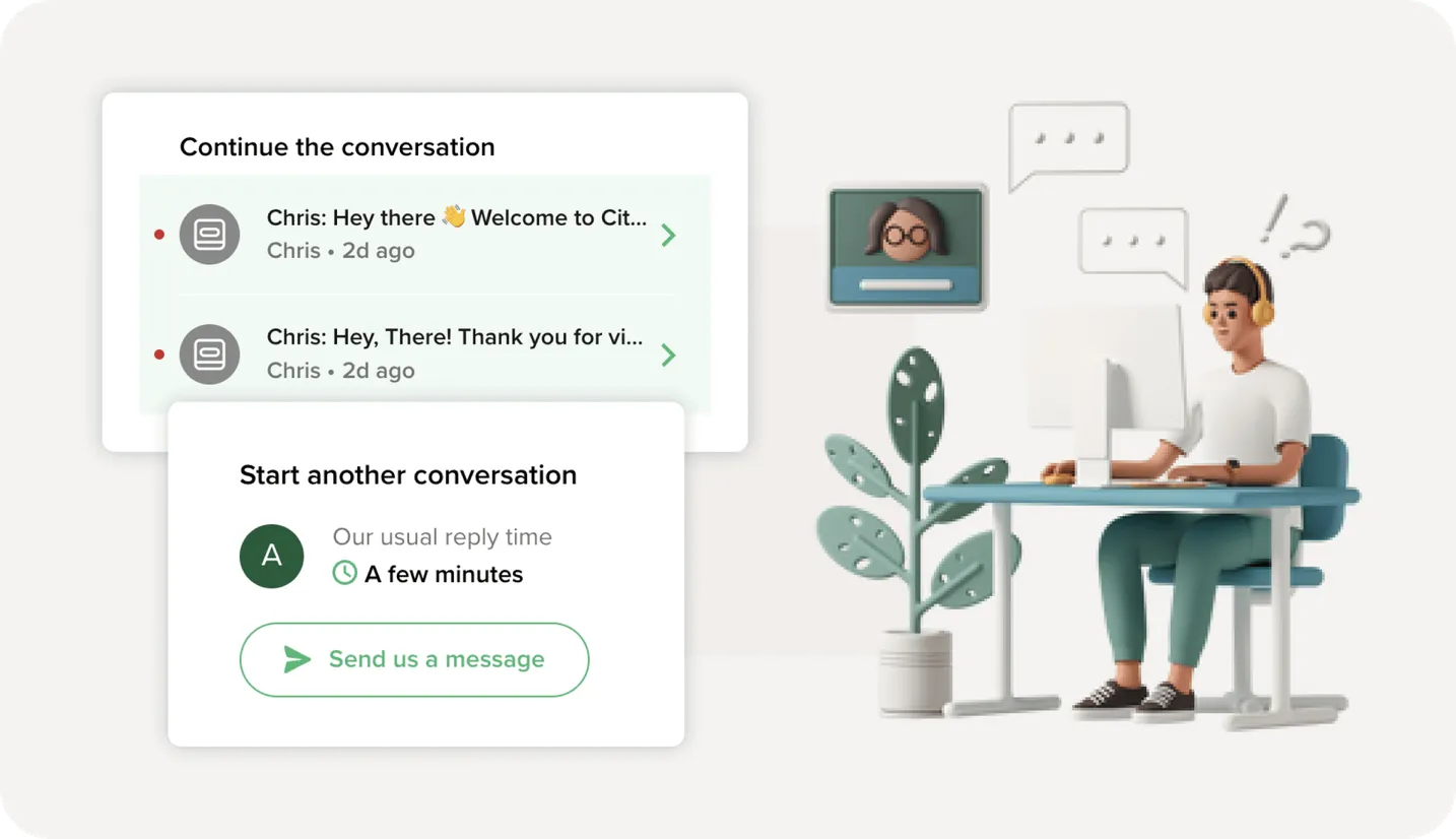 Chat messages with a debt specialist next to a person working at a desk