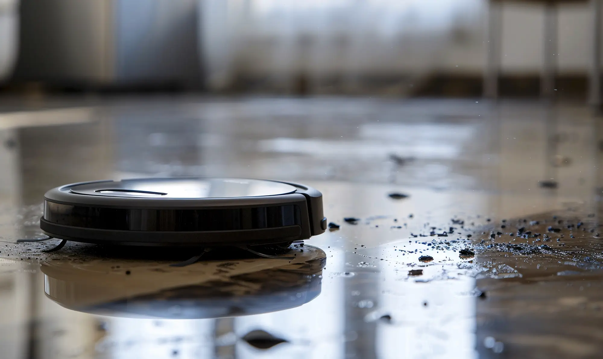 Robotic vacuum navigating a dirty floor with debris and water spots, demonstrating how home cleaning robots handle everyday messes in residential environments.