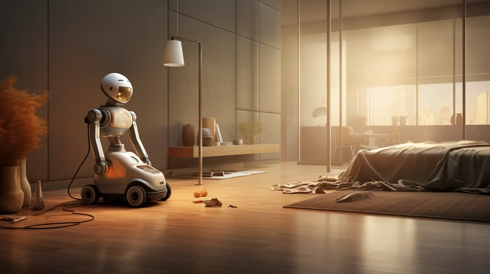 Futuristic humanoid robot cleaning a modern bedroom with scattered items on the floor, symbolizing the emerging role of commercial cleaning robots in smart environments.