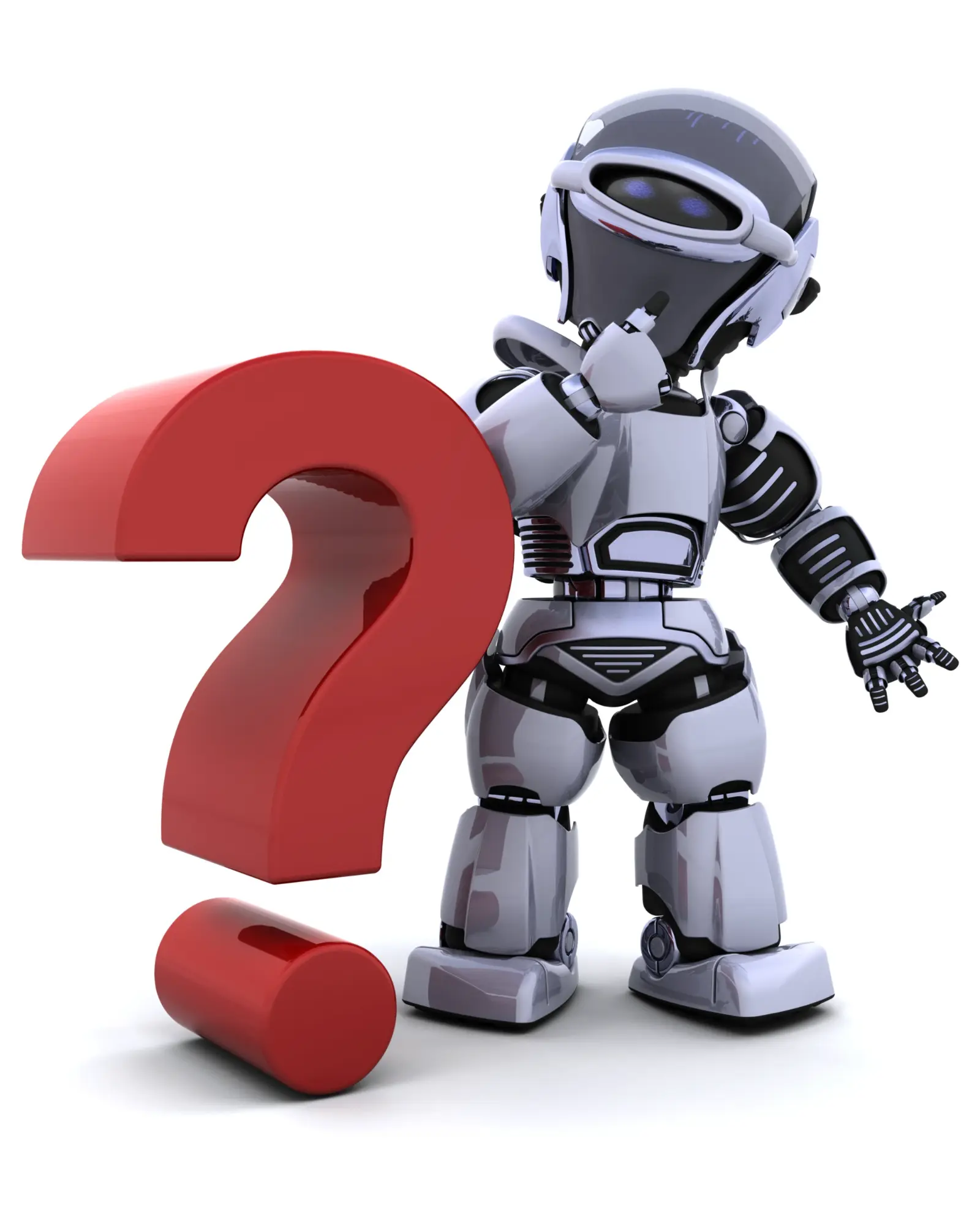 3D illustration of a thinking robot next to a large red question mark, representing uncertainty and curiosity about the future of cleaning technology and automation.